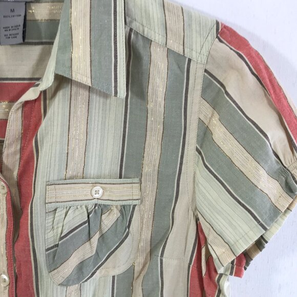 Ruffle Sleeve Button Down Shirt Striped Metallic M IB Diffusion - Picture 3 of 8